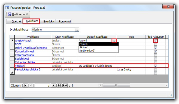 Detail záznamu Pracovní pozice, karta Kvalifikace