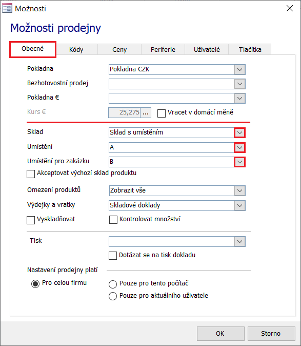 V možnostech prodejny lze nově ke skladu přednastavit Umístění pro prodej přes prodejnu a Umístění pro výdej zakázek V možnostech prodejny lze nově ke skladu přednastavit Umístění pro prodej přes prodejnu a Umístění pro výdej zakázek