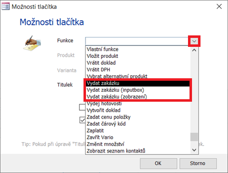 Dialog Možnosti tlačítka a nabídka funkcí tlačítka