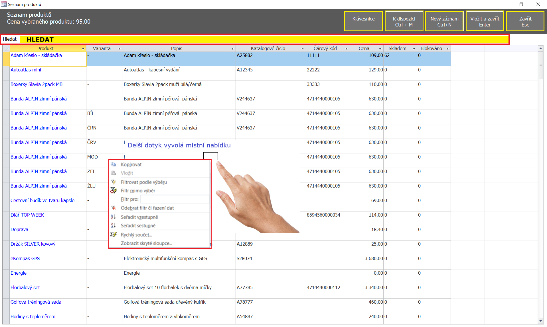 Hlavní rozhraní dotykové prodejny – práce s položkami a platbou Hlavní rozhraní dotykové prodejny – práce s položkami a platbou