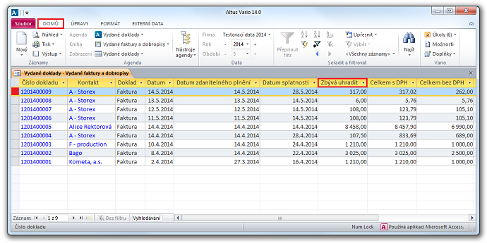 Faktura v tabulce agendy Vydané doklady