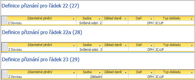 Definice přiznání pro řádek 22 až 23