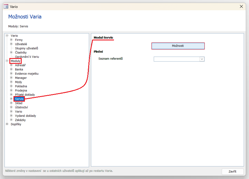 Možnosti Varia – Moduly – Servis – Tlačítko Možnosti