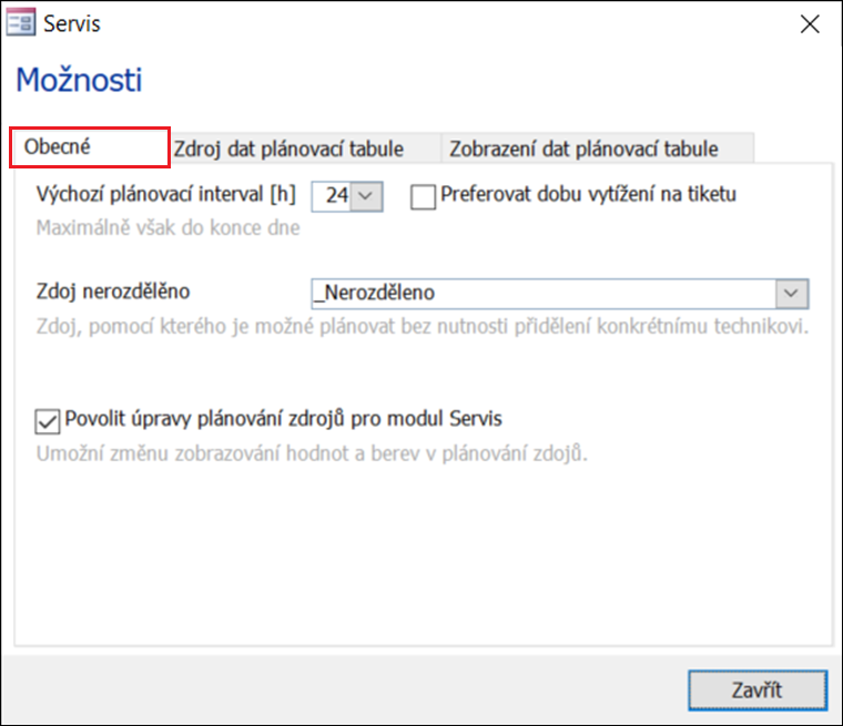 Karta Obecné dialogu Možnosti modulu Servis