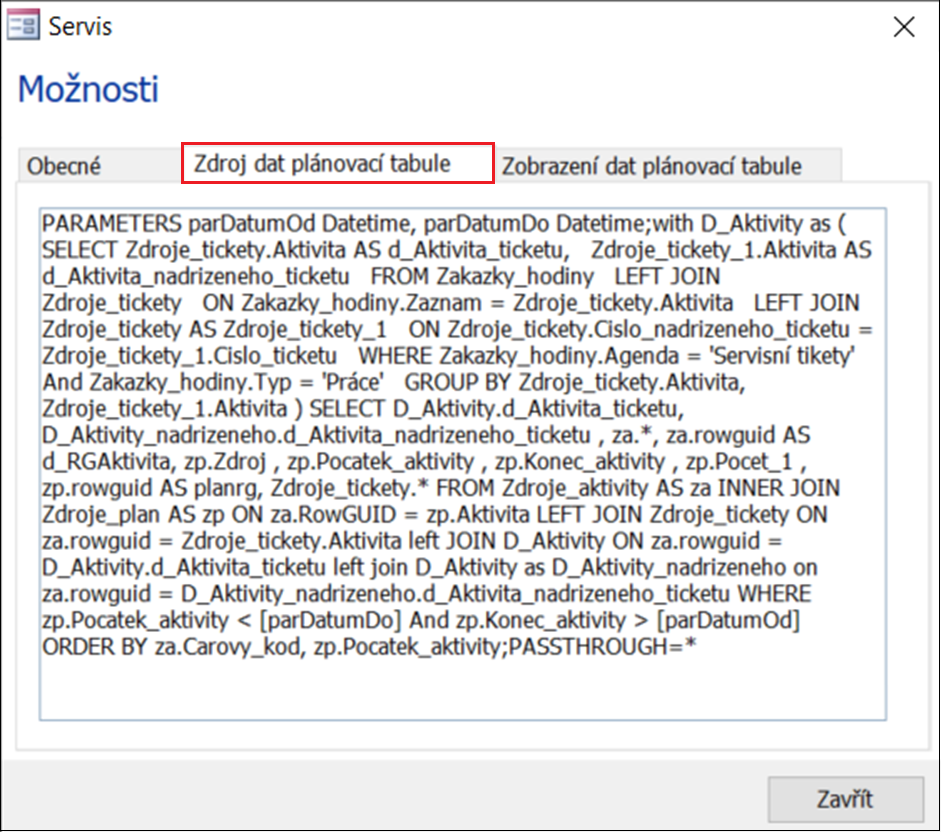 Karta Zdroj dat plánovací tabule dialogu Možnosti modulu Servis
