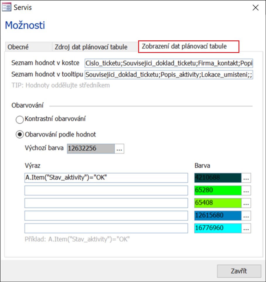 Na kartě Zobrazení dat plánovací tabule můžete jednotlivé plány barevně odlišit