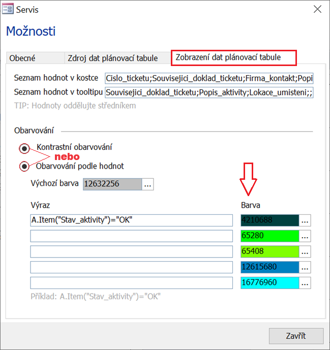 Karta Zobrazení dat plánovací tabule dialogu Možnosti modulu Servis