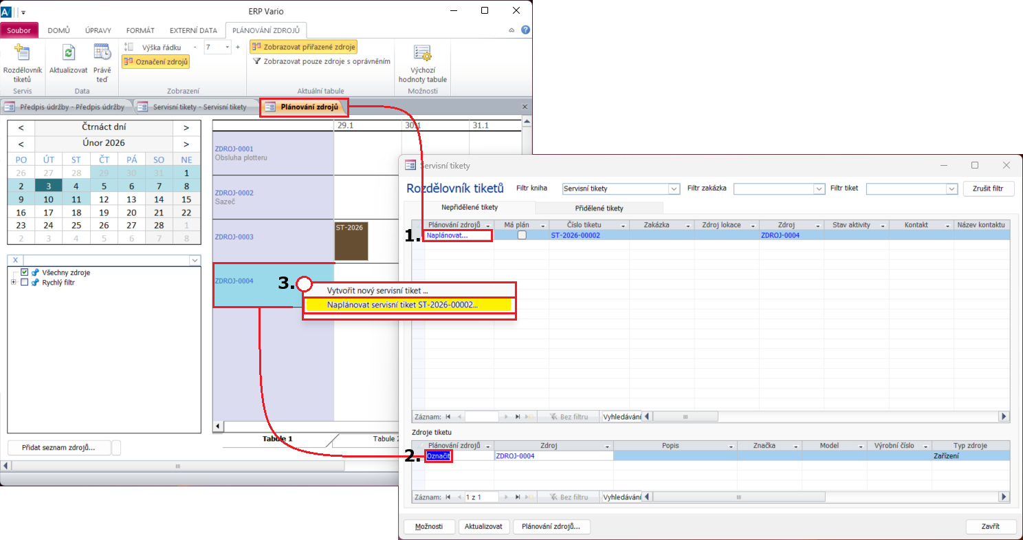 Prostředí grafického dialogu Plánování zdrojů (Plánovací tabule) a dialogu Rozdělovník tiketů Prostředí grafického dialogu Plánování zdrojů (Plánovací tabule) a dialogu Rozdělovník tiketů