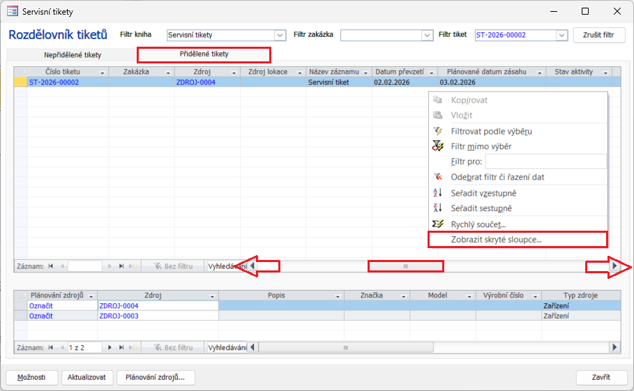Dialog Rozdělovník tiketů – karta Přidělené tikety – v agendě Servisní tikety Dialog Rozdělovník tiketů – karta Přidělené tikety – v agendě Servisní tikety