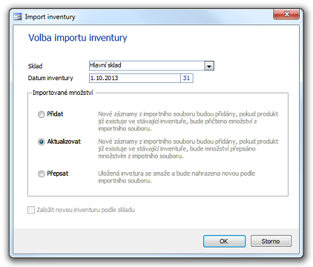 Nová volba "Aktualizovat" v dialogu importu inventury