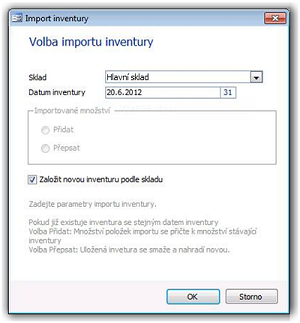 Nová volba Založit novou inventuru podle skladu
