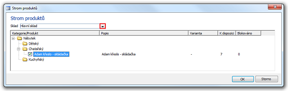  V dialogu Strom produktů, které slouží pro výběr produktů do dokladu, je možné zvolit sklad