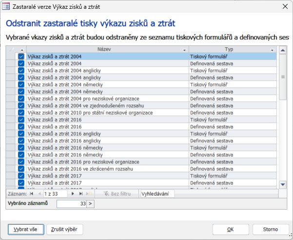 Nový dialog pro odstranění zastaralých verzí výkazu zisků a ztrát ze seznamu tiskových formulářů a definovaných sestav