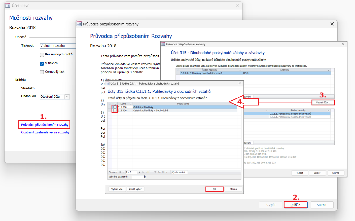 Nové tlačítko „Vybrat účty” v průvodci umožňuje vybrat účty na jednotlivé řádky přímo z účtového rozvrhu