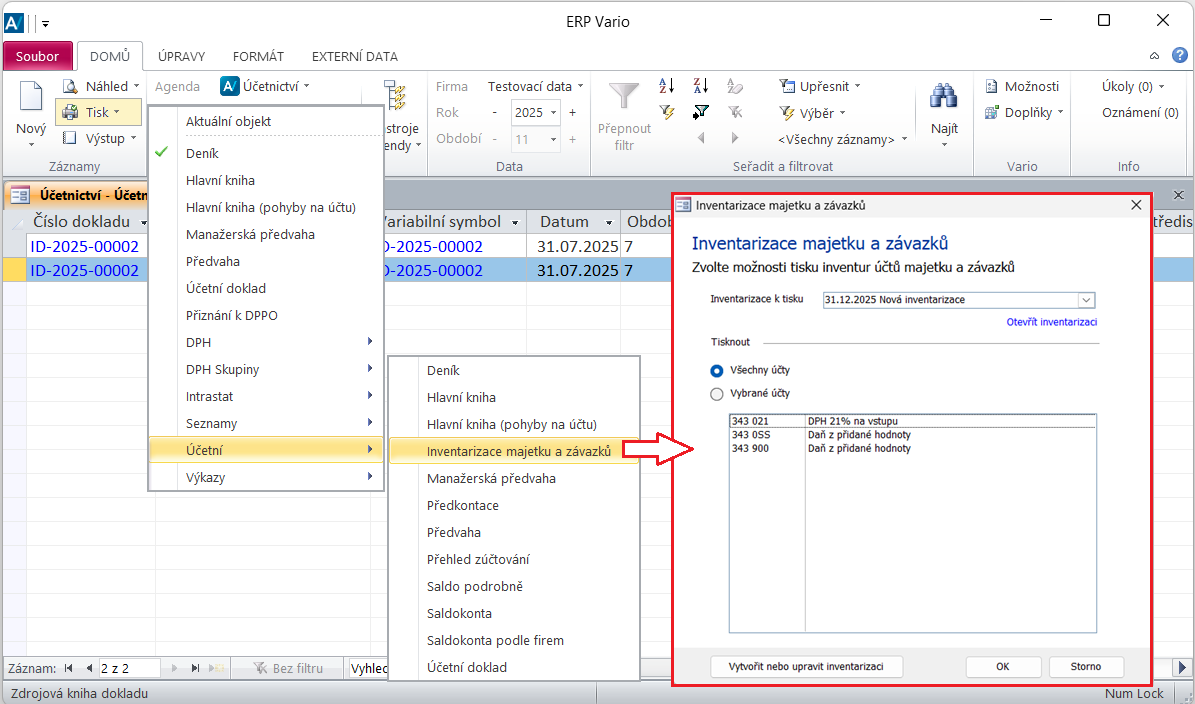 Spuštění dialogu pro nastavení parametrů tisku inventarizace majetku a závazků v agendě Účetnictví