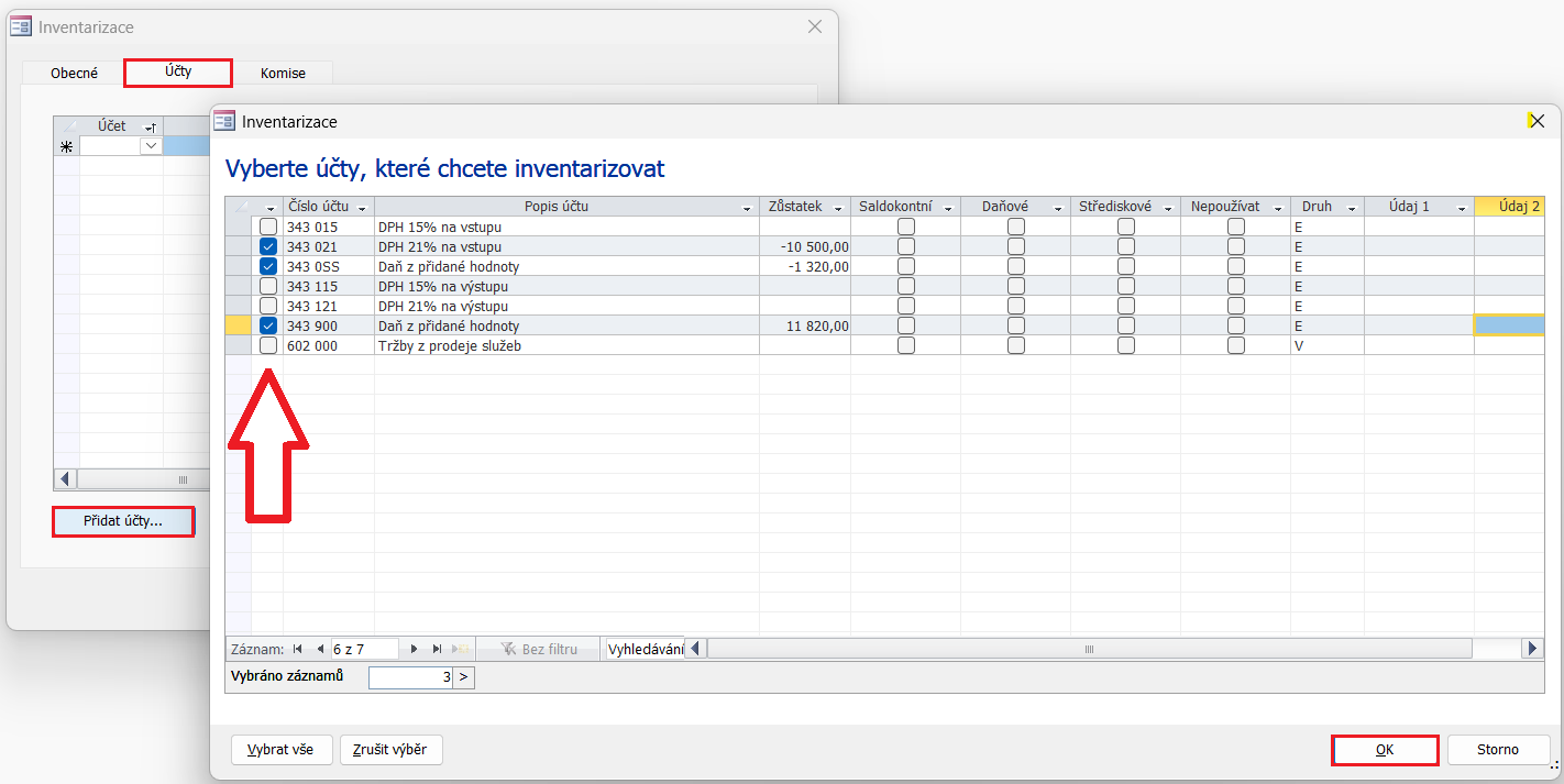Přidání účtů