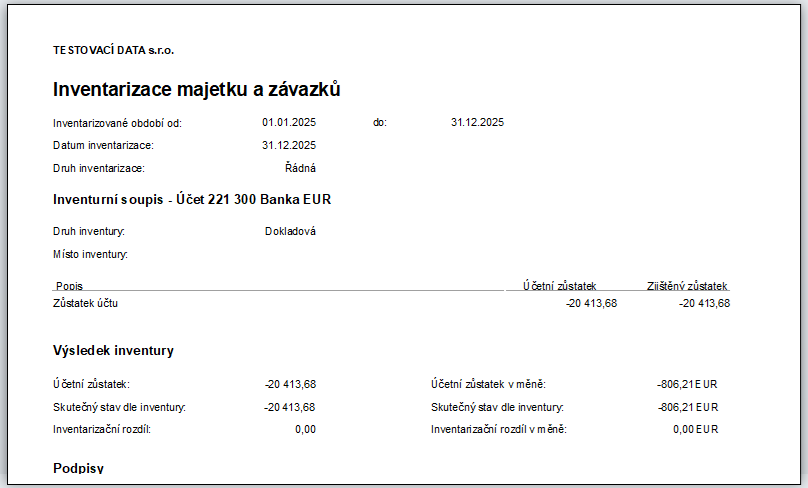 Příklad tiskového výstupu inventarizace