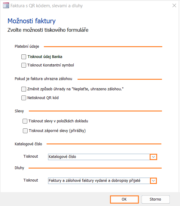 Dialog Možnosti faktury s QR kódem, slevami a dluhy