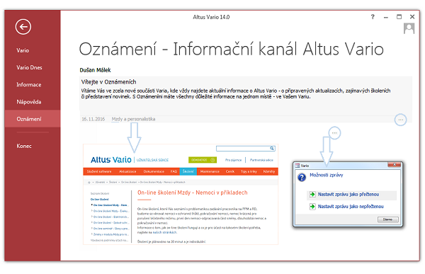 Vario 14 - ilustrační přehled funkcí nového informačního kanálu 