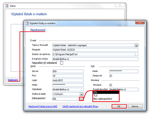 Dialog Výplatní lístek e-mailem – Nastavení
