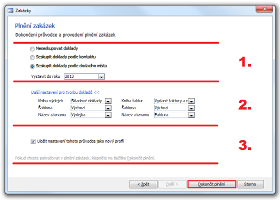 Závěrečné okno průvodce s nastavením pro tvorbu dokladů a volbou uložení do nového profilu