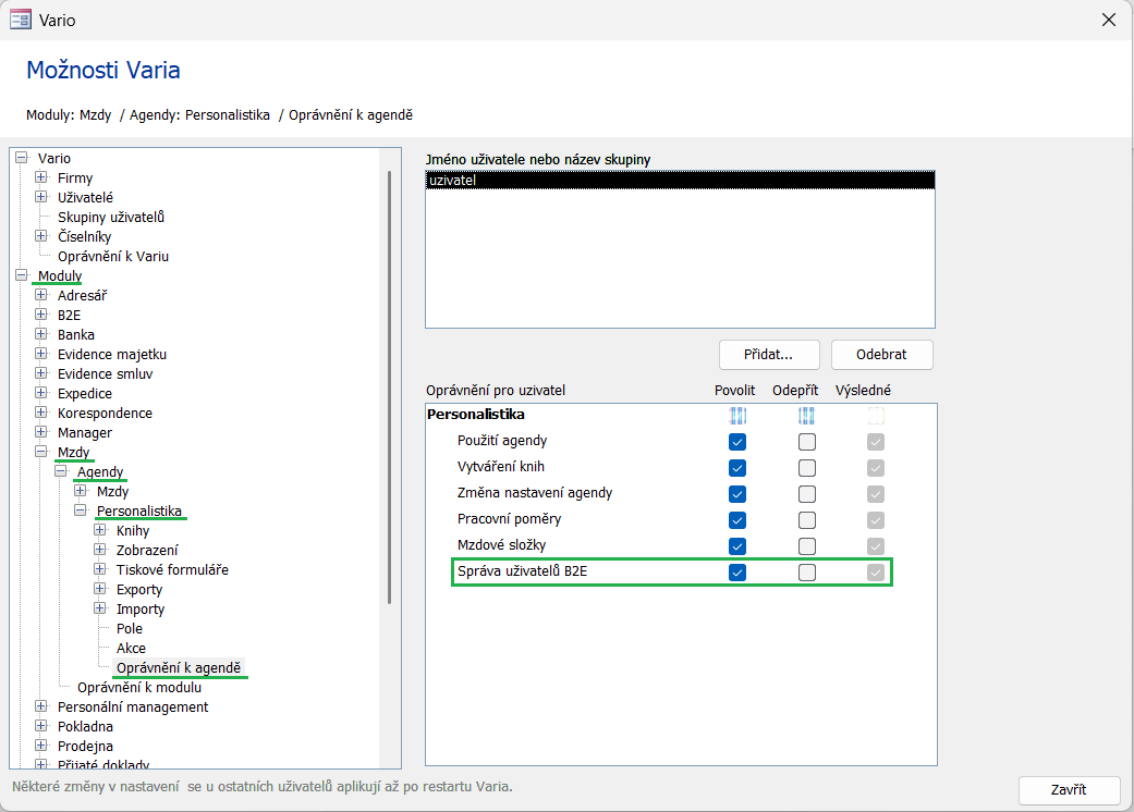 V možnostech agendy Personalistika přibylo nové oprávnění „Správa uživatelů B2E”