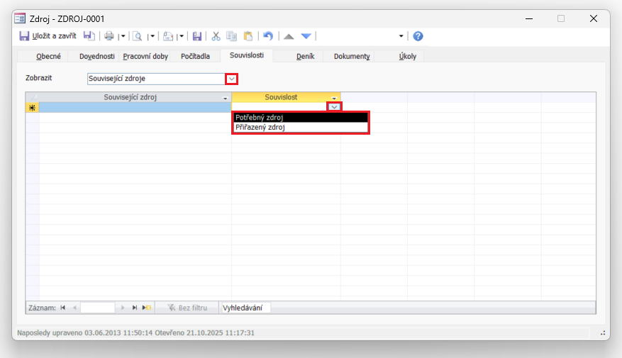 Agenda Zdroje podporuje dva typy souvislostí mezi zdroji: Potřebný zdroj a Přiřazený zdroj