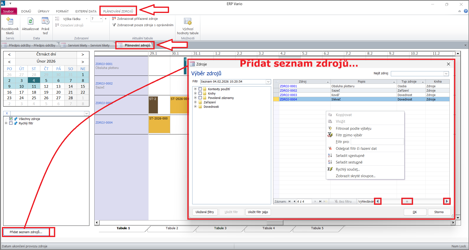 Ribbon a okno Plánování zdrojů – funkce Přidat seznam zdrojů
